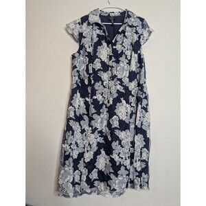 Adrianna Papell Cocktail‎ Dress Blue Size 18W Floral Midi Collar Button Up
